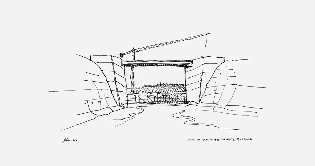 Cassa di espansione torrente Baganza disegno a matita